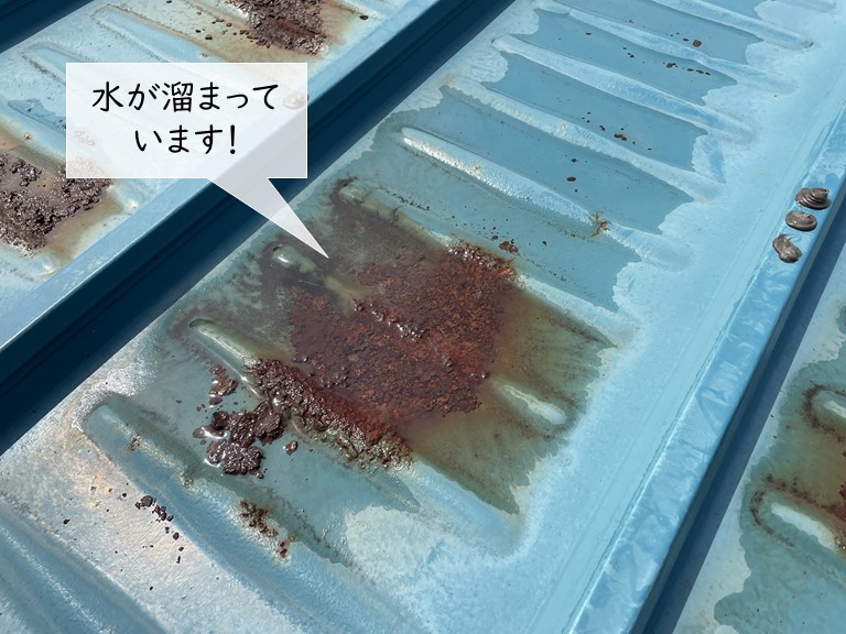 岸和田市の金属屋根に水が溜まっています