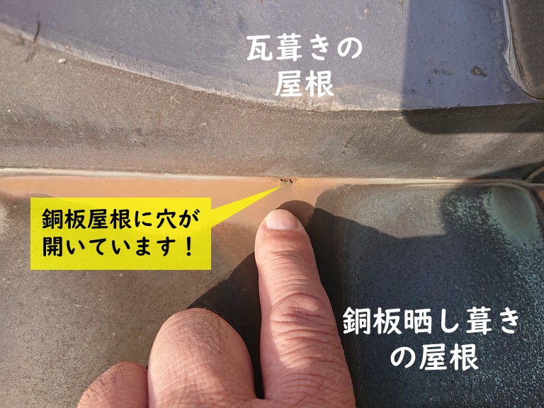 岸和田市の銅板晒し葺きの屋根に穴が開き縁側の天井で雨漏り発生！