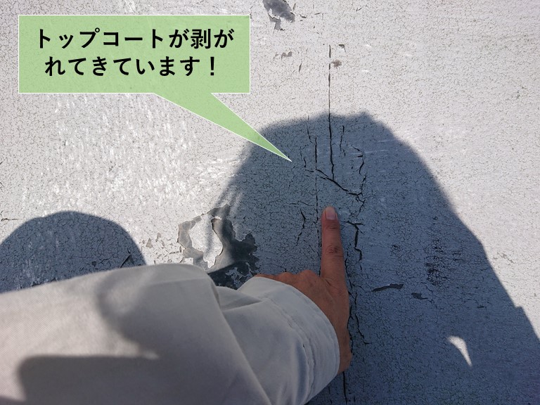 岸和田市の陸屋根のトップコートが剥がれてきています