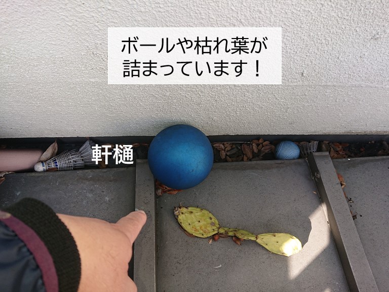 岸和田市の雨樋にボールや枯れ葉が詰まっています