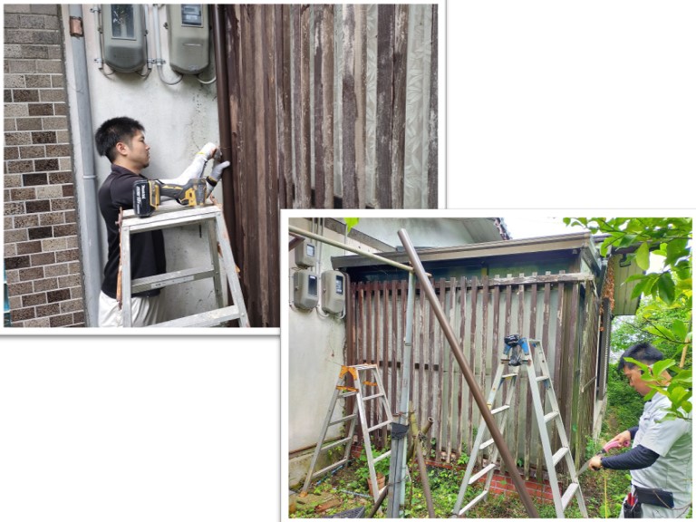 岸和田市の雨漏り解消のため雨樋交換中