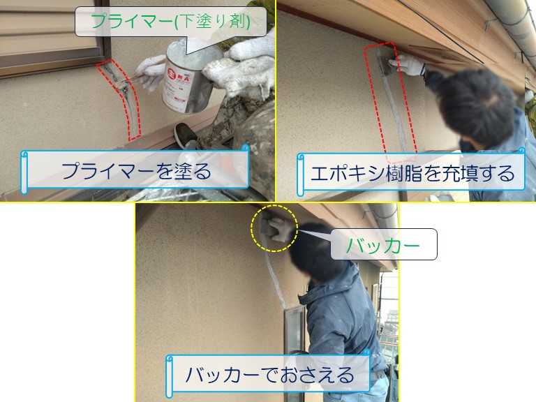 泉佐野市で外壁塗装と屋根の点検のご相談プライマー塗装しエポキシ樹脂を充填した後バッカーで押さえる