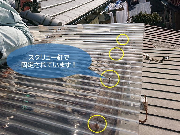 泉佐野市の波板がスクリュー釘で固定されています
