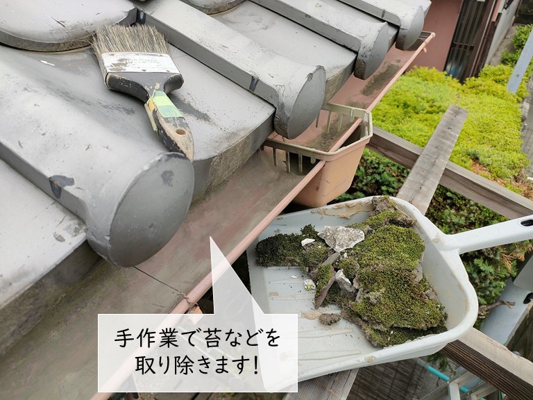 泉佐野市の雨樋を手作業で掃除します
