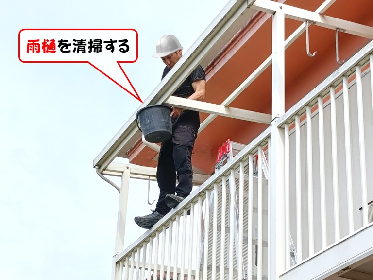 泉南市雨樋を清掃する