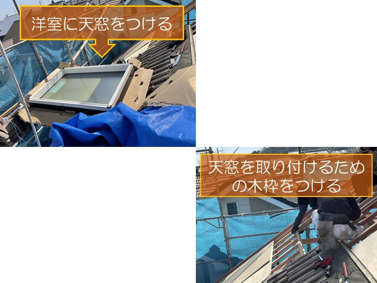 泉大津市で増築工事2階の洋室の屋根に天窓を取り付けるための木枠をつける