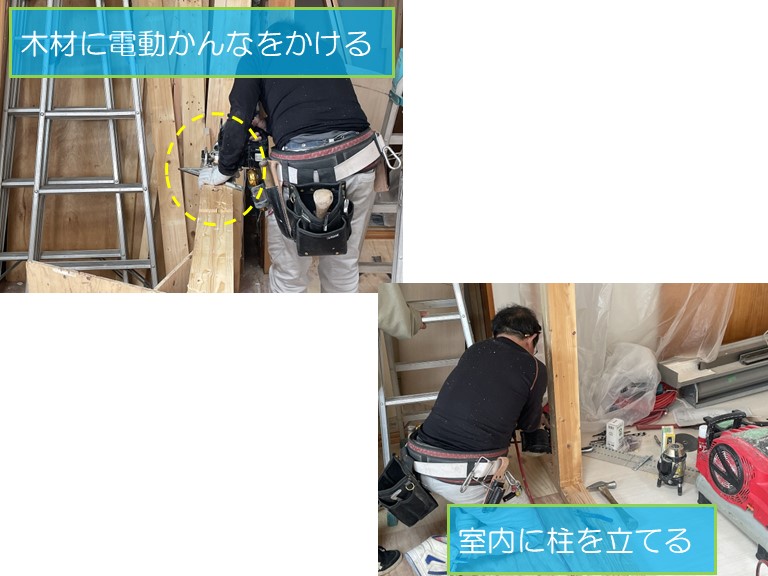 泉大津市の2階建てのお家で増築工事木材を加工し柱を立てる