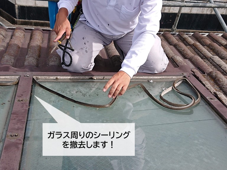 泉大津市の天窓のガラス周りのシーリングの撤去