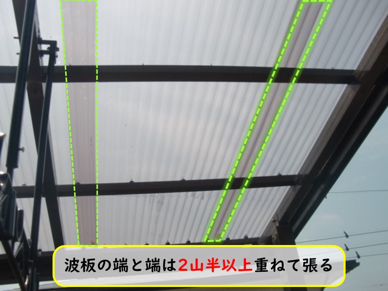 波板の端と端は2山半以上重ねて張る