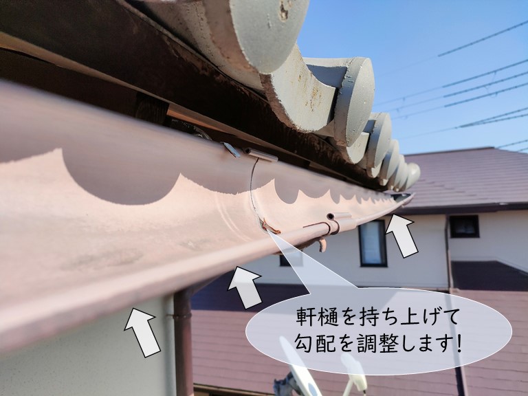 熊取町の軒樋を持ち上げて勾配を調整します