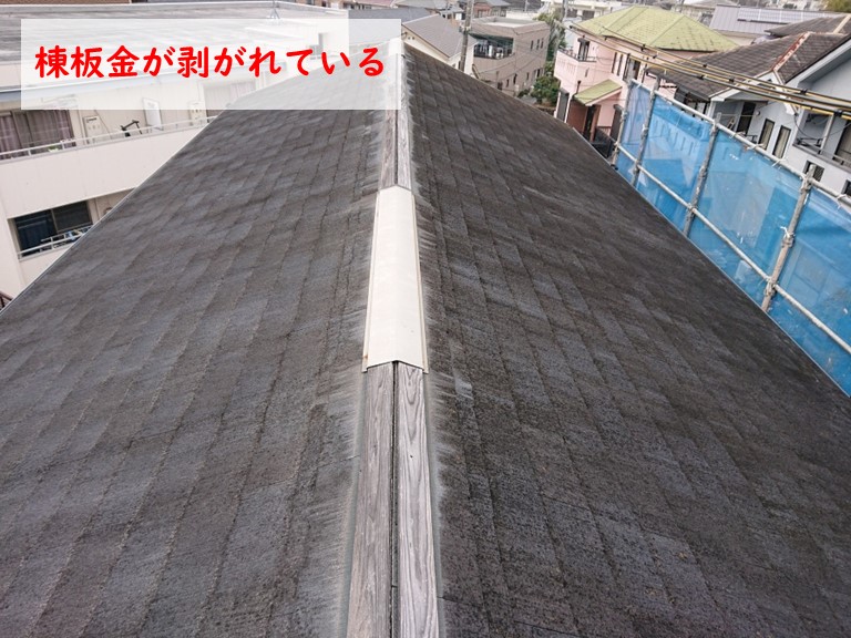 貝塚市で棟板金が剥がれている