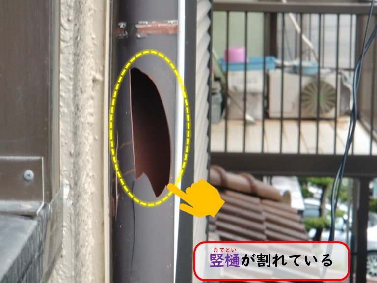 貝塚市台風被害竪樋割れ