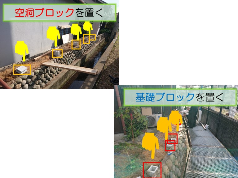 阪南市で垣根を撤去したあとに空洞ブロックと基礎ブロックを置く