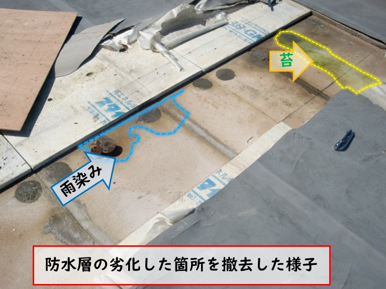 高石市で防水層の劣化した箇所を撤去した様子